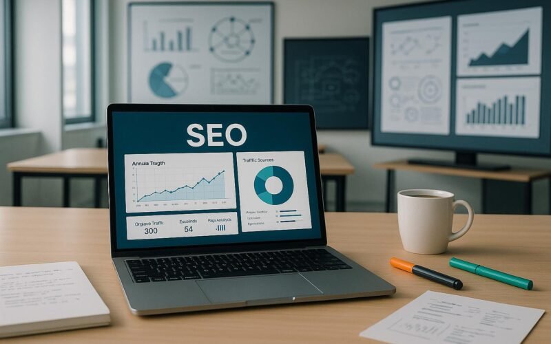 Moderner Arbeitsplatz mit Laptop, Notizblättern, Kaffee und Whiteboards mit Seo-Statistiken, professionelles und technikorientiertes Ambiente