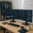 Modernes Büro mit dualen Monitoren, Notizbüchern, Tablet und Whiteboard mit Website-Skizzen, symbolisiert professionelle SEO-Arbeit