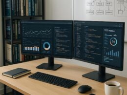 Modernes Büro mit dualen Monitoren, Notizbüchern, Tablet und Whiteboard mit Website-Skizzen, symbolisiert professionelle SEO-Arbeit