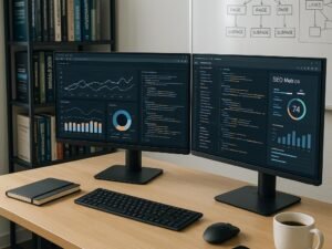 Modernes Büro mit dualen Monitoren, Notizbüchern, Tablet und Whiteboard mit Website-Skizzen, symbolisiert professionelle SEO-Arbeit