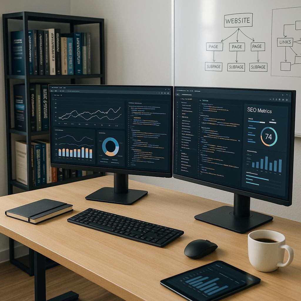 Modernes Büro mit dualen Monitoren, Notizbüchern, Tablet und Whiteboard mit Website-Skizzen, symbolisiert professionelle SEO-Arbeit