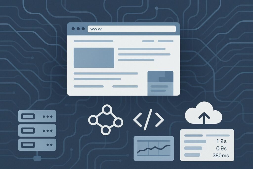 Abstraktes Webdesign-Layout mit Servern, Netzwerkverbindungen, Cloud-, Code-Symbolen und Performance-Diagrammen in blauen, grauen und weißen Farbtönen.