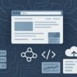 Abstraktes Webdesign-Layout mit Servern, Netzwerkverbindungen, Cloud-, Code-Symbolen und Performance-Diagrammen in blauen, grauen und weißen Farbtönen.
