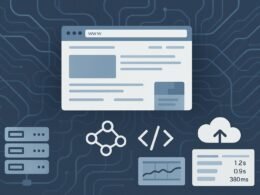 Abstraktes Webdesign-Layout mit Servern, Netzwerkverbindungen, Cloud-, Code-Symbolen und Performance-Diagrammen in blauen, grauen und weißen Farbtönen.
