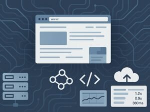 Abstraktes Webdesign-Layout mit Servern, Netzwerkverbindungen, Cloud-, Code-Symbolen und Performance-Diagrammen in blauen, grauen und weißen Farbtönen.