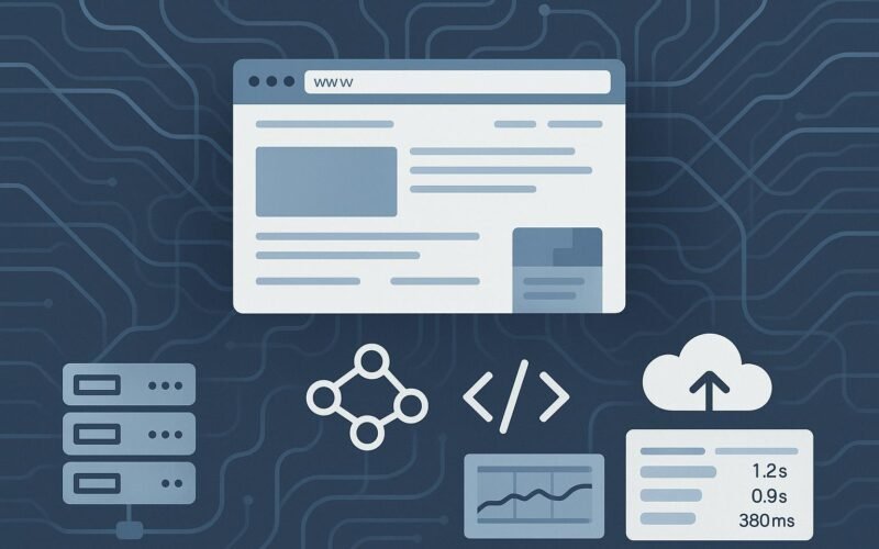 Abstraktes Webdesign-Layout mit Servern, Netzwerkverbindungen, Cloud-, Code-Symbolen und Performance-Diagrammen in blauen, grauen und weißen Farbtönen.