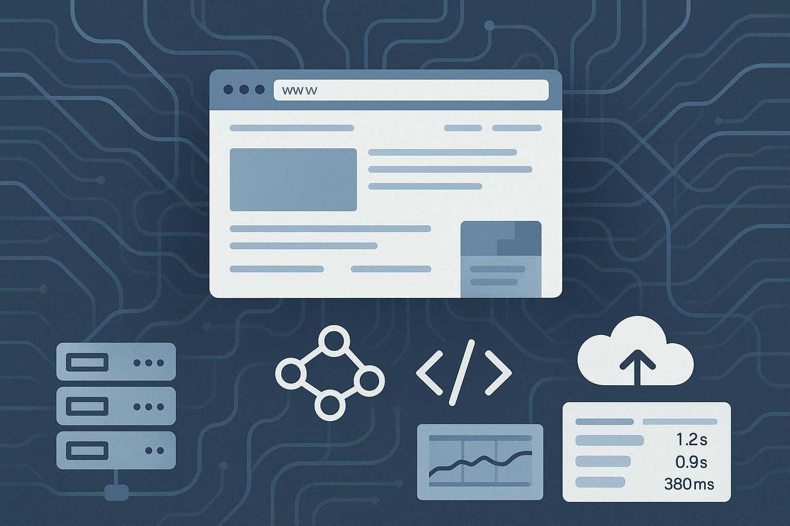 Abstraktes Webdesign-Layout mit Servern, Netzwerkverbindungen, Cloud-, Code-Symbolen und Performance-Diagrammen in blauen, grauen und weißen Farbtönen.
