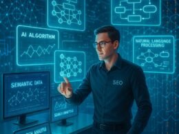 Futuristischer digitaler Arbeitsplatz mit holografischen Interfaces, KI-Modellen und Datenvisualisierungen, dargestellt in einem modernen, hochtechnologischen Umfeld.
