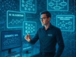 Futuristischer digitaler Arbeitsplatz mit holografischen Interfaces, KI-Modellen und Datenvisualisierungen, dargestellt in einem modernen, hochtechnologischen Umfeld.