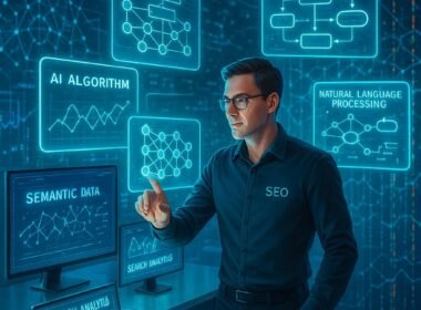 Futuristischer digitaler Arbeitsplatz mit holografischen Interfaces, KI-Modellen und Datenvisualisierungen, dargestellt in einem modernen, hochtechnologischen Umfeld.
