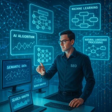 Futuristischer digitaler Arbeitsplatz mit holografischen Interfaces, KI-Modellen und Datenvisualisierungen, dargestellt in einem modernen, hochtechnologischen Umfeld.