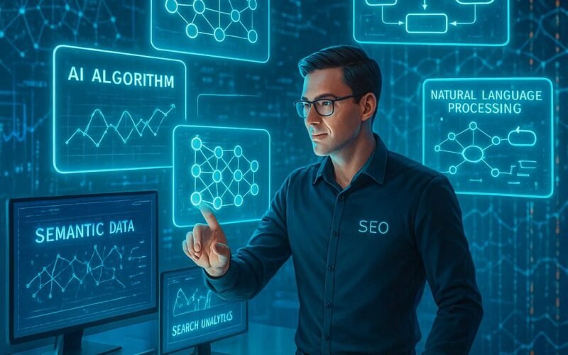Futuristischer digitaler Arbeitsplatz mit holografischen Interfaces, KI-Modellen und Datenvisualisierungen, dargestellt in einem modernen, hochtechnologischen Umfeld.