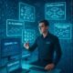 Futuristischer digitaler Arbeitsplatz mit holografischen Interfaces, KI-Modellen und Datenvisualisierungen, dargestellt in einem modernen, hochtechnologischen Umfeld.