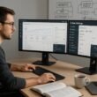 Webentwickler am Schreibtisch mit zwei Monitoren, die SEO-Analysen und Code zeigen, um WordPress-Seo zu optimieren, im Hintergrund Diagramme auf einem Whiteboard