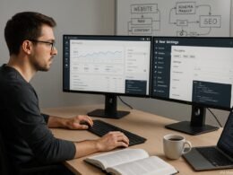 Webentwickler am Schreibtisch mit zwei Monitoren, die SEO-Analysen und Code zeigen, um WordPress-Seo zu optimieren, im Hintergrund Diagramme auf einem Whiteboard