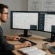 Webentwickler am Schreibtisch mit zwei Monitoren, die SEO-Analysen und Code zeigen, um WordPress-Seo zu optimieren, im Hintergrund Diagramme auf einem Whiteboard