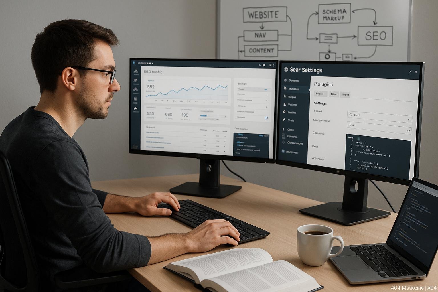 Webentwickler am Schreibtisch mit zwei Monitoren, die SEO-Analysen und Code zeigen, um WordPress-Seo zu optimieren, im Hintergrund Diagramme auf einem Whiteboard