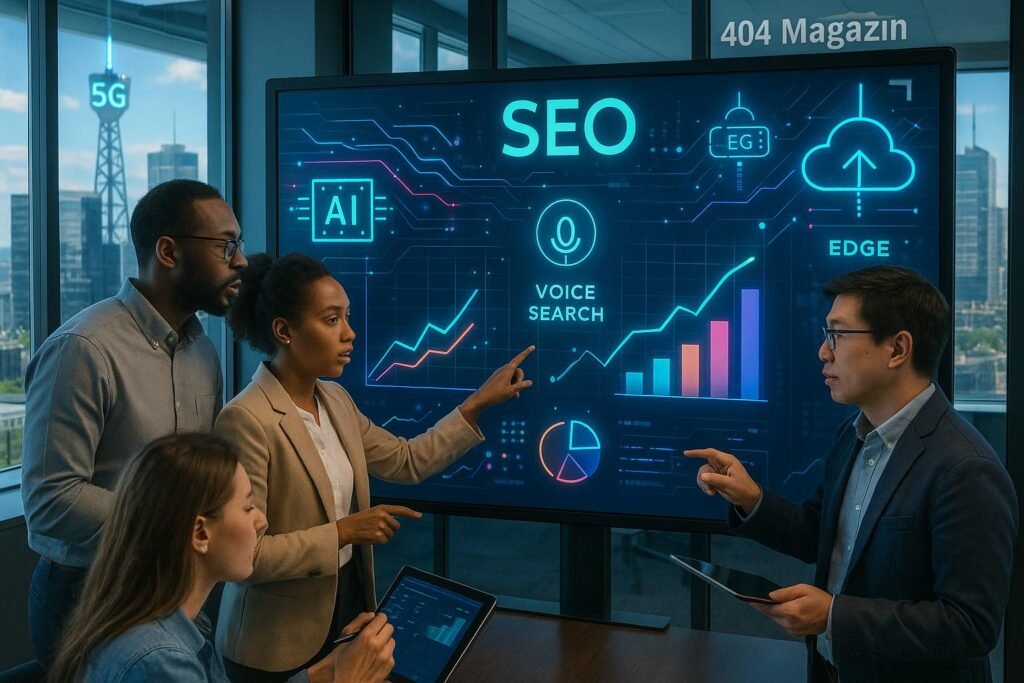 Modernes Büro mit vielfältigem SEO-Team, das auf einem digitalen Bildschirm mit futuristischen Grafiken und Datenstreams arbeitet, im Hintergrund Stadtansicht mit 5G Antennen und edge Computing Knoten.