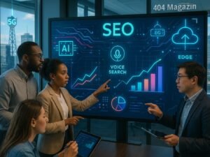Modernes Büro mit vielfältigem SEO-Team, das auf einem digitalen Bildschirm mit futuristischen Grafiken und Datenstreams arbeitet, im Hintergrund Stadtansicht mit 5G Antennen und edge Computing Knoten.