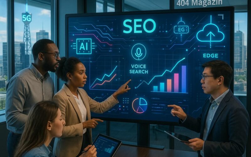Modernes Büro mit vielfältigem SEO-Team, das auf einem digitalen Bildschirm mit futuristischen Grafiken und Datenstreams arbeitet, im Hintergrund Stadtansicht mit 5G Antennen und edge Computing Knoten.