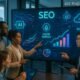 Modernes Büro mit vielfältigem SEO-Team, das auf einem digitalen Bildschirm mit futuristischen Grafiken und Datenstreams arbeitet, im Hintergrund Stadtansicht mit 5G Antennen und edge Computing Knoten.