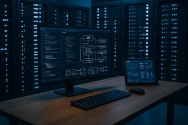 Hochmoderner Serverraum mit blauen LED-Leuchten, Serverracks, Monitor mit Code und Diagrammen sowie Tablet mit Leistungskennzahlen, betont die Bedeutung von Datenarchitektur für SEO.