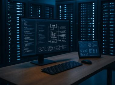 Hochmoderner Serverraum mit blauen LED-Leuchten, Serverracks, Monitor mit Code und Diagrammen sowie Tablet mit Leistungskennzahlen, betont die Bedeutung von Datenarchitektur für SEO.