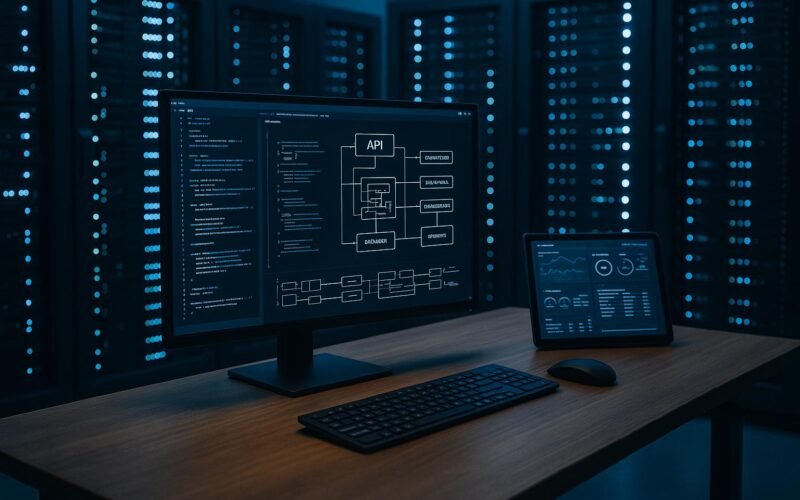 Hochmoderner Serverraum mit blauen LED-Leuchten, Serverracks, Monitor mit Code und Diagrammen sowie Tablet mit Leistungskennzahlen, betont die Bedeutung von Datenarchitektur für SEO.