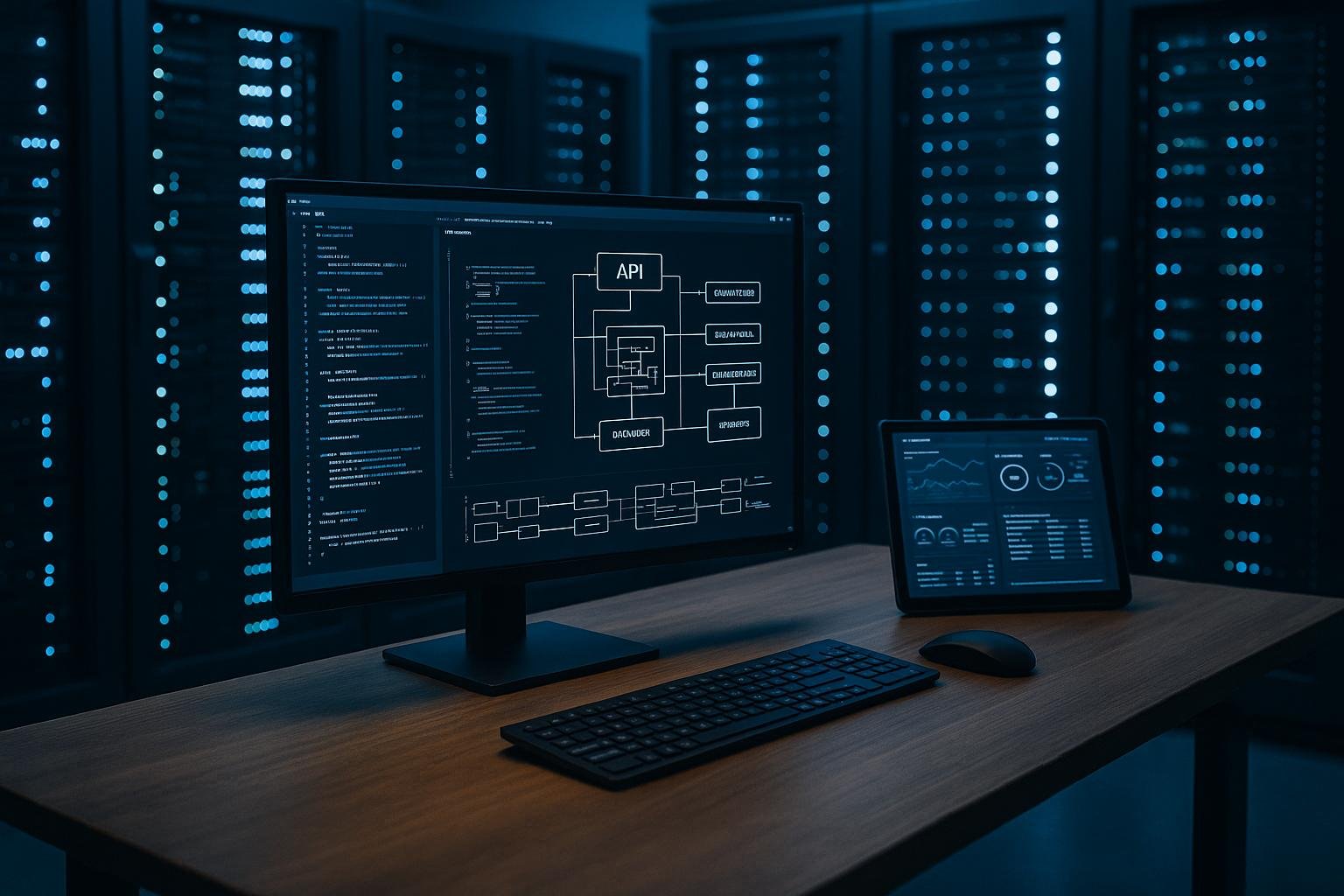 Hochmoderner Serverraum mit blauen LED-Leuchten, Serverracks, Monitor mit Code und Diagrammen sowie Tablet mit Leistungskennzahlen, betont die Bedeutung von Datenarchitektur für SEO.