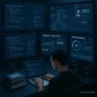 Modernes Arbeitszimmer mit mehreren Monitoren, Entwickler am Laptop und High-Tech-Kontrollraum mit LED-Bildschirmen.