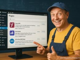 Modernes WordPress-Backend mit geöffneten SEO-Plugins auf einem hellen Bildschirm, technischer Diagramme im Hintergrund und Handwerker-Hans, der auf die Grafik zeigt.