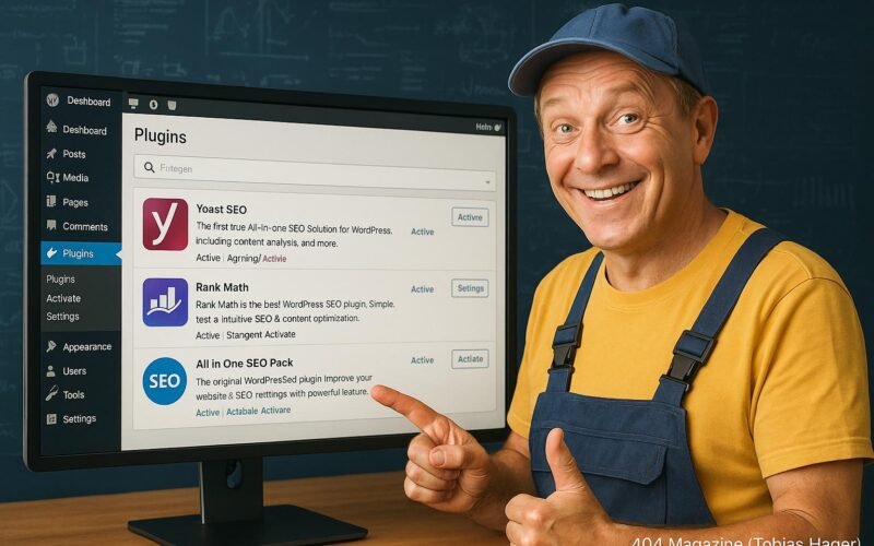 Modernes WordPress-Backend mit geöffneten SEO-Plugins auf einem hellen Bildschirm, technischer Diagramme im Hintergrund und Handwerker-Hans, der auf die Grafik zeigt.