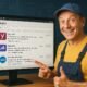 Modernes WordPress-Backend mit geöffneten SEO-Plugins auf einem hellen Bildschirm, technischer Diagramme im Hintergrund und Handwerker-Hans, der auf die Grafik zeigt.