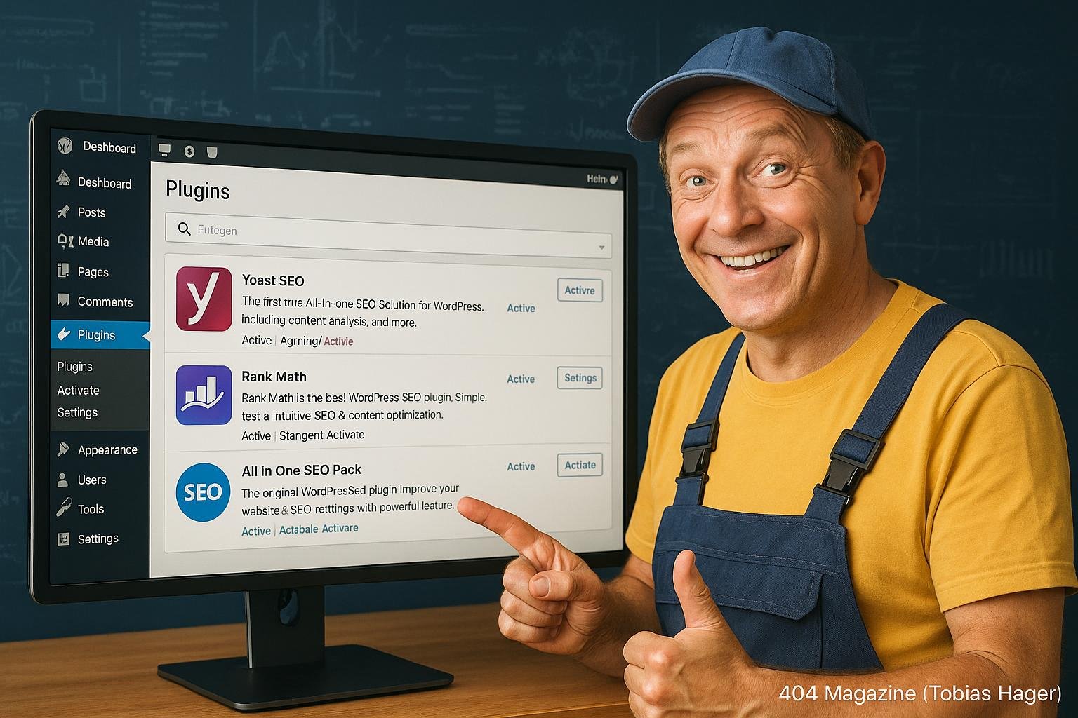 Modernes WordPress-Backend mit geöffneten SEO-Plugins auf einem hellen Bildschirm, technischer Diagramme im Hintergrund und Handwerker-Hans, der auf die Grafik zeigt.