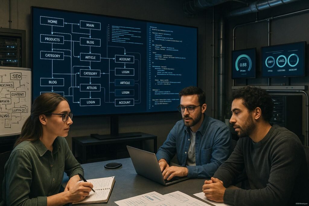 Team in einem modernen Büro mit großen Bildschirmen, auf denen Website-Architekturen, Code und Web-Performance-Daten angezeigt werden, um das technische SEO im Jahr 2025 zu veranschaulichen.