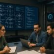 Team in einem modernen Büro mit großen Bildschirmen, auf denen Website-Architekturen, Code und Web-Performance-Daten angezeigt werden, um das technische SEO im Jahr 2025 zu veranschaulichen.