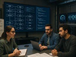 Team in einem modernen Büro mit großen Bildschirmen, auf denen Website-Architekturen, Code und Web-Performance-Daten angezeigt werden, um das technische SEO im Jahr 2025 zu veranschaulichen.