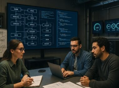 Team in einem modernen Büro mit großen Bildschirmen, auf denen Website-Architekturen, Code und Web-Performance-Daten angezeigt werden, um das technische SEO im Jahr 2025 zu veranschaulichen.