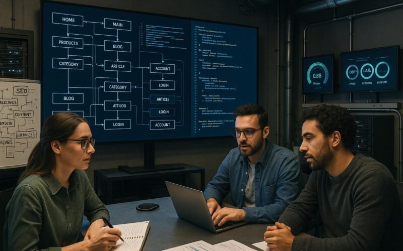 Team in einem modernen Büro mit großen Bildschirmen, auf denen Website-Architekturen, Code und Web-Performance-Daten angezeigt werden, um das technische SEO im Jahr 2025 zu veranschaulichen.