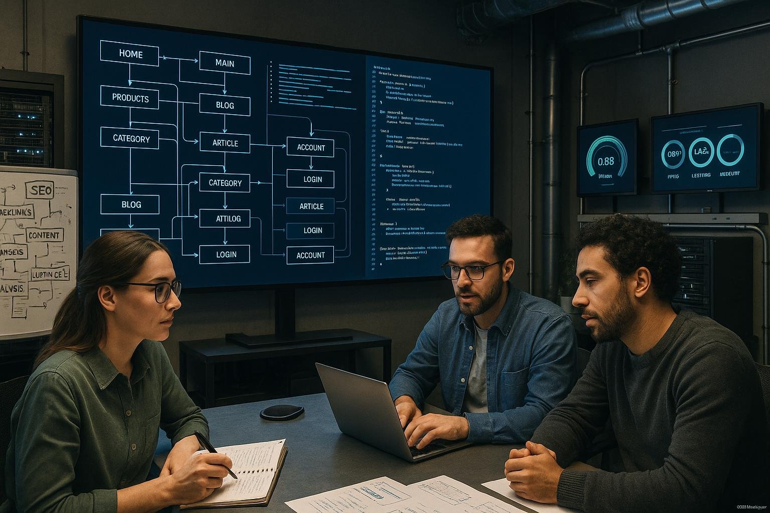 Team in einem modernen Büro mit großen Bildschirmen, auf denen Website-Architekturen, Code und Web-Performance-Daten angezeigt werden, um das technische SEO im Jahr 2025 zu veranschaulichen.