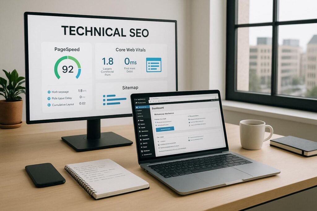 Innenansicht eines modernen Büros mit Bildschirm, der technische SEO-Daten zeigt, einem Laptop mit WordPress-Admin, Notizbüchern, Kaffee und Smartphone, im Hintergrund Stadtansicht bei Tageslicht. Credit: 404 Magazine (Tobias Hager)