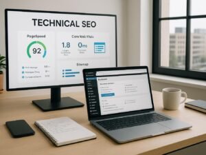 Innenansicht eines modernen Büros mit Bildschirm, der technische SEO-Daten zeigt, einem Laptop mit WordPress-Admin, Notizbüchern, Kaffee und Smartphone, im Hintergrund Stadtansicht bei Tageslicht. Credit: 404 Magazine (Tobias Hager)