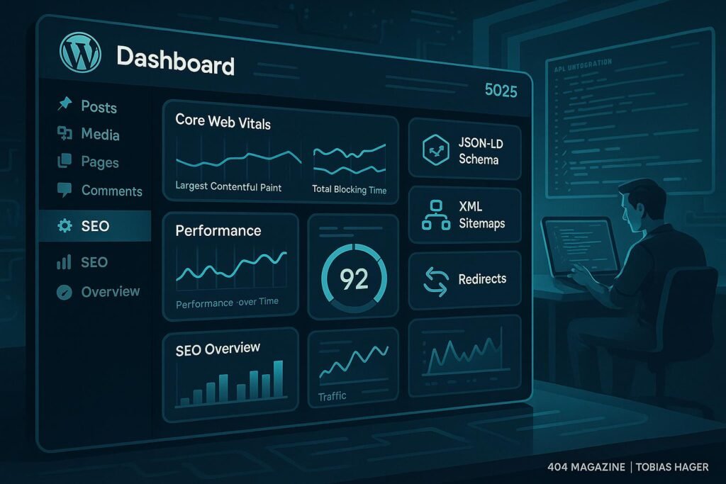 Modernes WordPress-Backend-Dashboard mit Monitoring-Tools, Diagrammen für Core Web Vitals und Entwickler im Hintergrund, futuristischer Stil