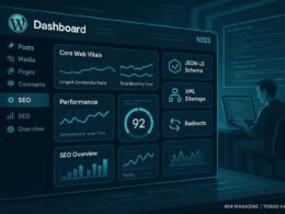 Modernes WordPress-Backend-Dashboard mit Monitoring-Tools, Diagrammen für Core Web Vitals und Entwickler im Hintergrund, futuristischer Stil