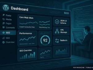 Modernes WordPress-Backend-Dashboard mit Monitoring-Tools, Diagrammen für Core Web Vitals und Entwickler im Hintergrund, futuristischer Stil