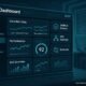 Modernes WordPress-Backend-Dashboard mit Monitoring-Tools, Diagrammen für Core Web Vitals und Entwickler im Hintergrund, futuristischer Stil