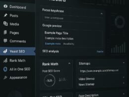 Modernes WordPress-Backend-Dashboard mit SEO-Plugins und technischen Analysen, zeigt Metadaten, Sitemaps und Optimierungstools.