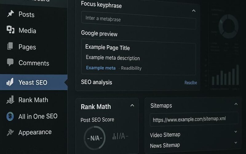 Modernes WordPress-Backend-Dashboard mit SEO-Plugins und technischen Analysen, zeigt Metadaten, Sitemaps und Optimierungstools.