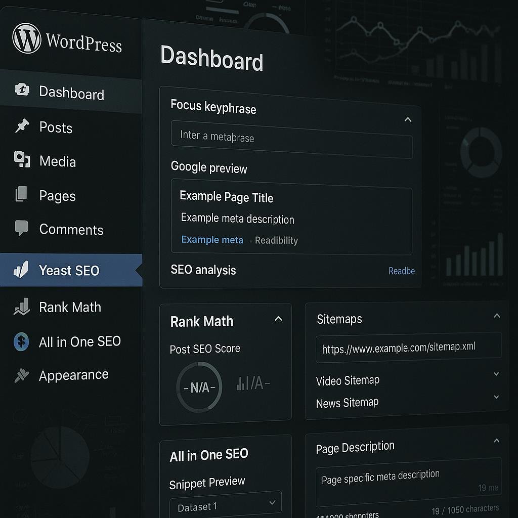 Modernes WordPress-Backend-Dashboard mit SEO-Plugins und technischen Analysen, zeigt Metadaten, Sitemaps und Optimierungstools.