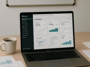 Moderner Arbeitsplatz mit Laptop, gedruckten Berichten, Lupe, Whiteboard mit SEO-Schlagwörtern und Kaffee, betont technische Optimierung und Analytics.
